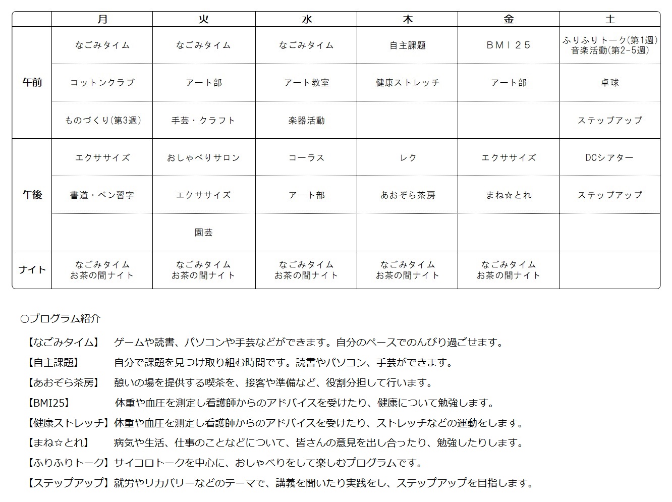 第一デイケア あおぞら プログラム表