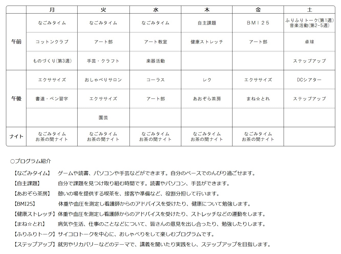 第一デイケア　あおぞら　プログラム表